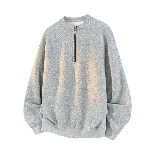 哲源 美式简约纯色重磅华棉套头衫铆钉半拉链设计无性别主义正肩款外套潮牌百搭日常通勤宽松大码圆领休闲卫衣 男女同款