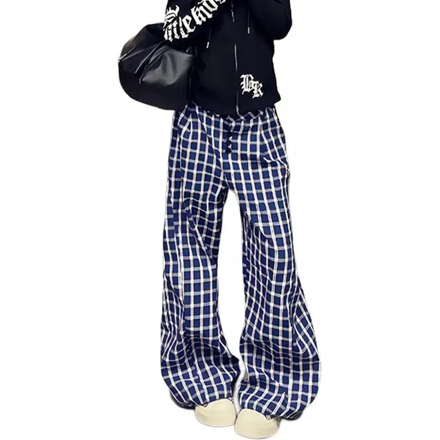 单爵 美式复古格子裤垂感阔腿裤子宽松休闲裤 男女同款