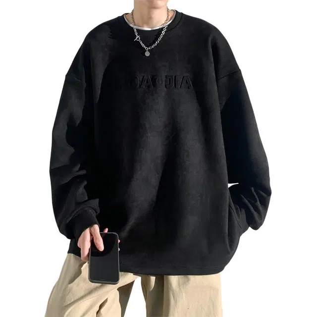 顶峰保罗 麂皮绒美式高街潮牌字母宽松大码休闲上衣打底衫无性别主义潮流百搭情侣款圆领卫衣 男女同款