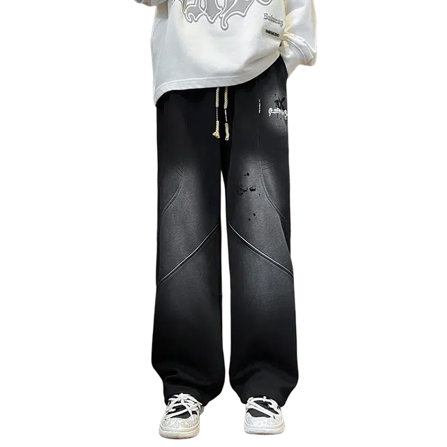 一碗士多 结构字母条纹水洗百搭直筒卫裤子拖地高街美式复古青春流行时尚都市柔软舒适好穿亲肤宽松个性简约易搭配日常通勤休闲裤 男女同款