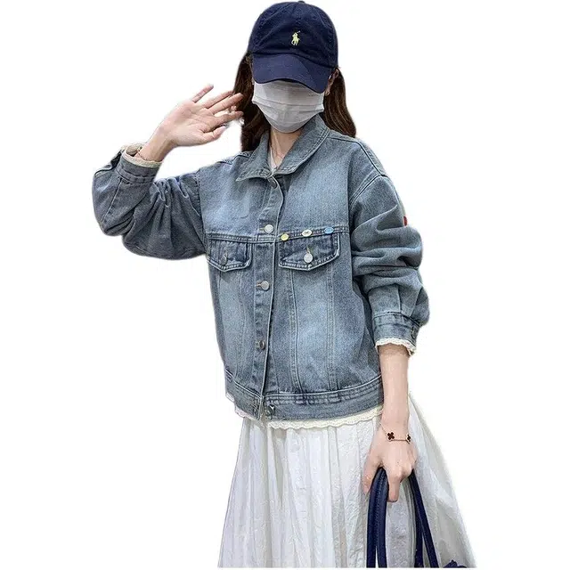 邓大喵 水洗复古蕾丝边女春季韩系小个子减龄百搭夹克潮牛仔外套 女款
