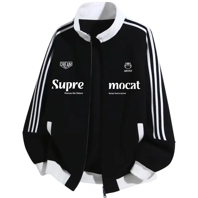 吾皇猫 学院风美式复古无性别主义穿搭立领设计感侧边织带插肩袖宽松运动长袖休闲外套开衫早秋卫衣 男女同款