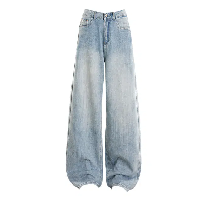 拾籍 复古竹节纹水洗磨白高腰显瘦宽松垂感休闲阔腿牛仔裤 女款