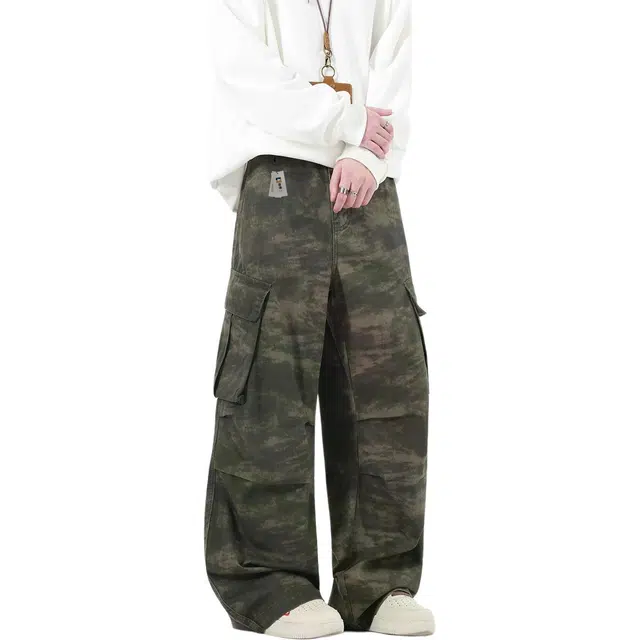 地界二 复古水洗设计感迷彩工装男宽松直筒多口袋阔腿伞兵裤夏季复古水洗设计感迷彩宽松潮流中腰牛仔裤 男款