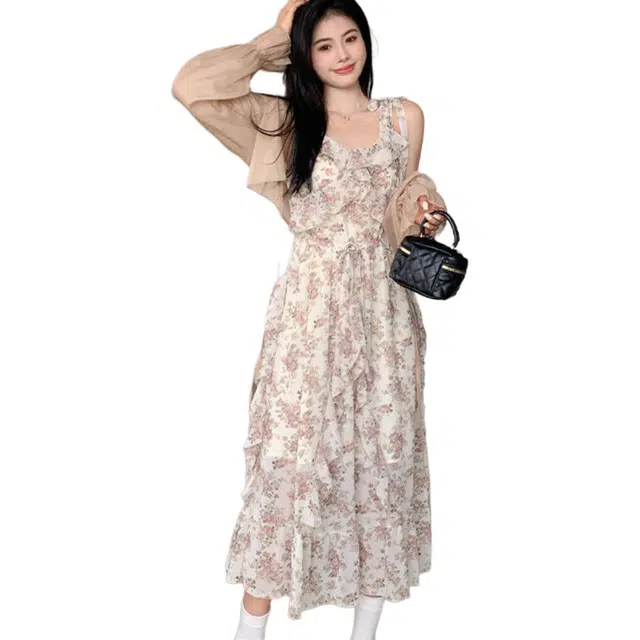 柏黛妃 法式荷叶边碎花吊带两件夏小个子海边度假长裙裙装套装 女款