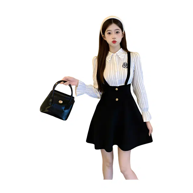 荟萃阁 显瘦复古氛围感条纹衬衫学院背带裙子女长袖连衣裙 女款