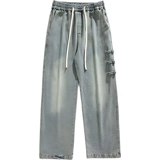 稻草人 侧边盘扣复古新中式宽松直筒系带休闲裤 男女同款
