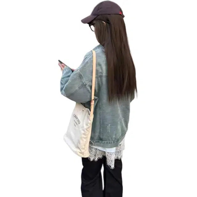 邓大喵 磨破做旧春季甜酷风简约宽松廓形上衣牛仔外套 女款