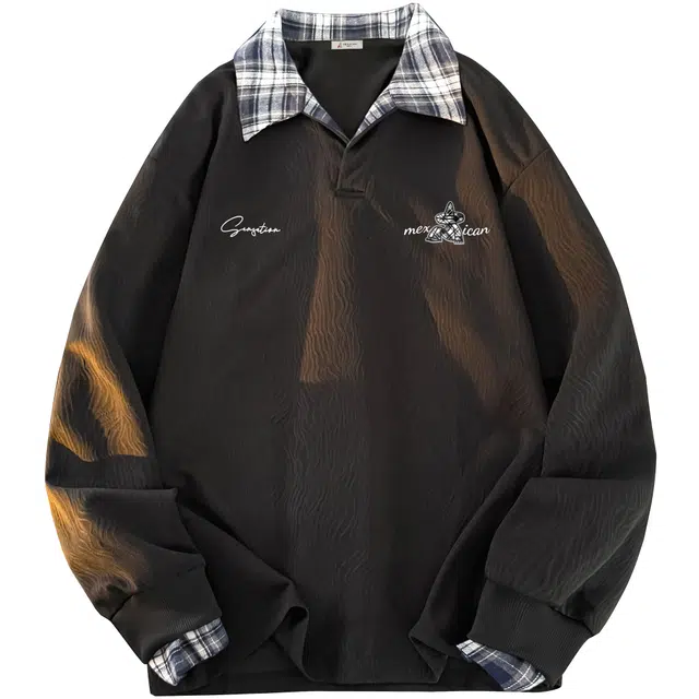 稻草人 美式复古老钱风亨利领假两件撞色拼接格子学院风宽松百搭潮流通勤休闲套头肌理感情侣学生长袖翻领卫衣 男女同款