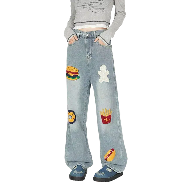 一碗士多 刺绣创意汉堡水洗做旧潮流设计感百搭日常拖地小众美式街头显高显瘦毛巾绣潮牌痞帅牛仔裤 男女同款