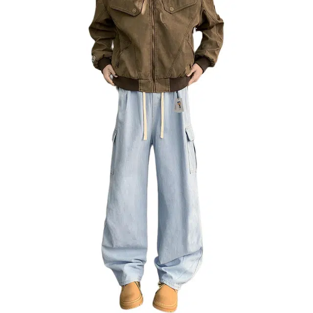 地界二 美式慵懒风舒适松紧腰男多口袋宽松休闲百搭阔腿大码长裤子松紧腰宽松潮流中腰长裤牛仔裤 男款