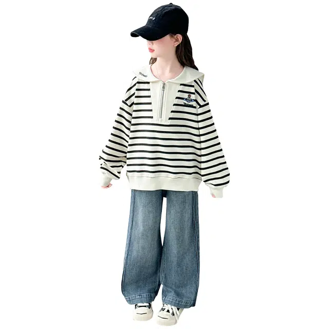 帕兰朵休闲运动套装 潮流时尚宽松百搭条纹牛仔两件套 青少年