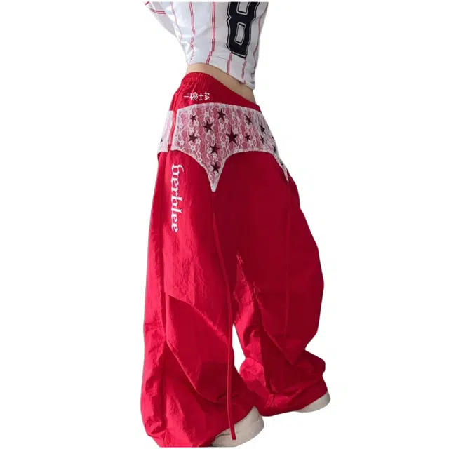 一碗士多 蕾丝屁帘褶皱工装假两件纯色字母印花设计高街美式复古潮流时尚百搭宽松舒适亲肤垂感拖地日常通勤小众休闲裤 男女同款