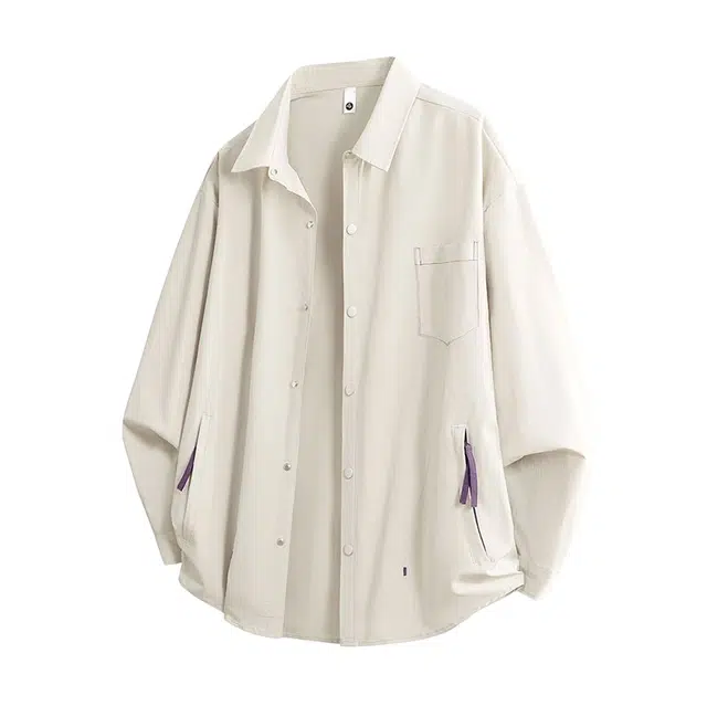 哲源 美式复古纯色简约单排扣设计感男款春秋外套潮牌百搭宽松舒适日常通勤落肩款长袖休闲衬衫 男女同款