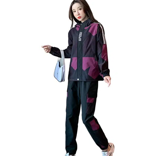 左岸 春秋防风拉链开衫连帽舒适时尚宽松学生长袖上衣加裤子两件套拼色潮流运动休闲套装 女款