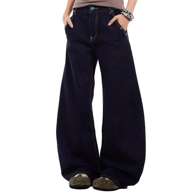 一碗士多 铆钉纯色阔腿裤潮流百搭日常直筒宽松牛仔裤 男女同款