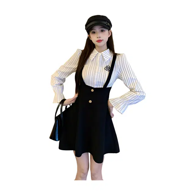 荟萃阁 显瘦复古氛围感条纹衬衫学院背带裙子女长袖连衣裙 女款