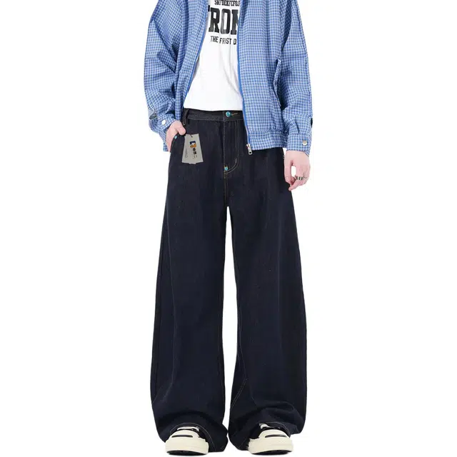 地界二 高街潮牌装饰阔腿弯刀裤美式复古男休闲百搭阔腿潮阔腿弯刀裤美式复古宽松潮流中低腰牛仔裤 男款