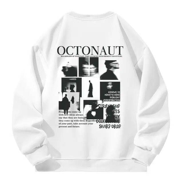 海底小纵队  美式高街简约舒适复古潮流幻影人物字母印花手绘学生国潮宽松保暖休闲加绒加厚纯色百搭重磅落肩打底圆领长袖卫衣 男女同款