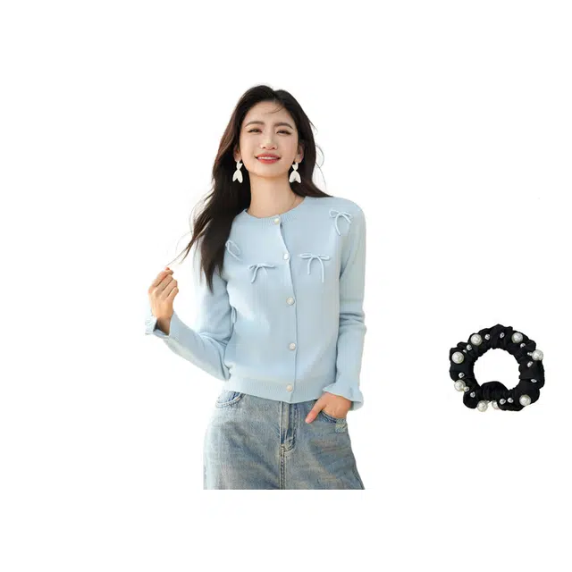 雾闪闪 设计感蝴蝶结喇叭袖外套女韩版宽松甜美开杉针织衫 女款