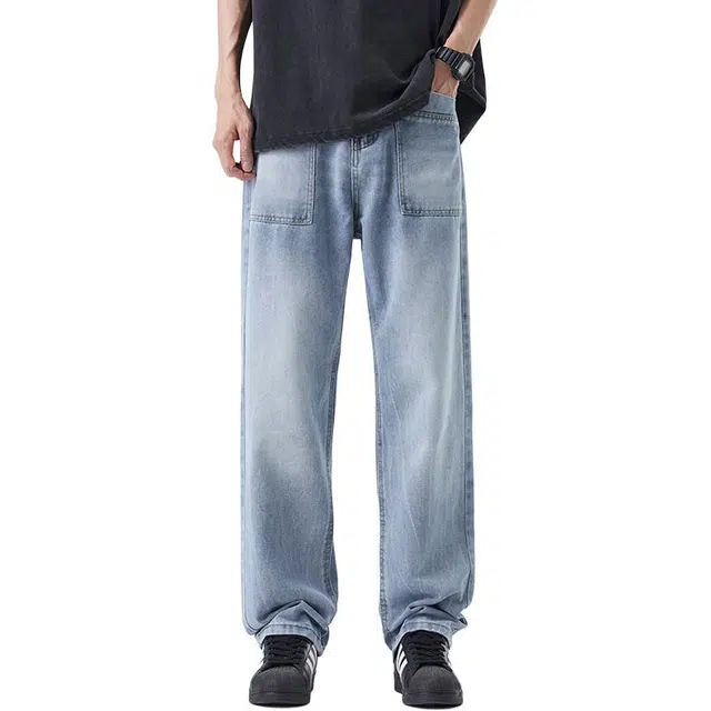 么宁 美式复古大口袋工装裤潮流时尚简约百搭宽松直筒裤舒适透气阔腿休闲牛仔裤 男女同款