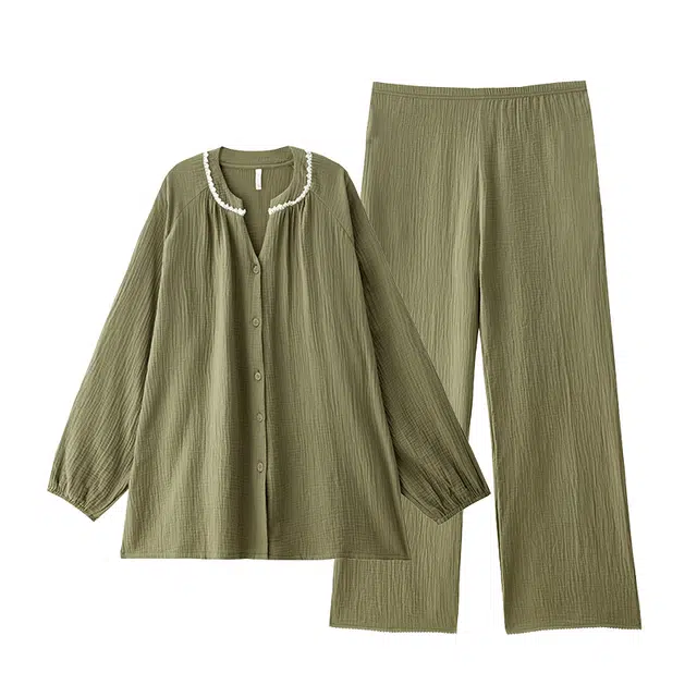 俏薇妮 春秋款纯棉纱布婴儿棉带胸垫一体长袖家居服睡衣套装 女款