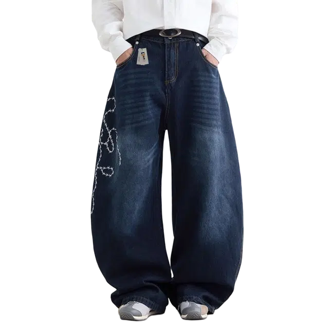 地界二 美式街头潮牌玫瑰刺绣弯刀男高街复古水洗宽松休闲阔腿裤刺绣弯刀水洗宽松潮流中低腰牛仔裤 男款