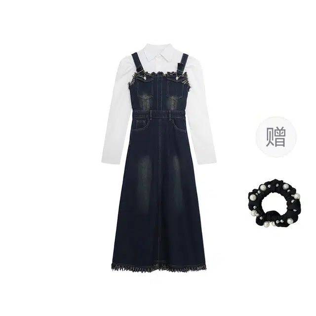 雾闪闪 甜美复古牛仔显瘦背带裙泡泡袖衬衫两件套裙装套装 女款