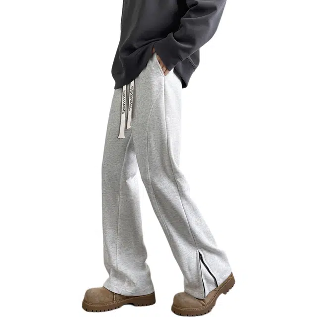 【直筒微喇可变换】布客行 华棉重磅拉链开叉卫裤显高显瘦美式复古高街纯色长裤子宽松大码百搭柔软抽绳松紧腰秋季休闲裤 男女同款