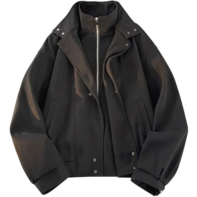 稻草人 美式复古美拉德假两件拼接设计宽松休闲百搭基础纯色立领纽扣防风潮流时尚个性春秋季舒适拉链夹克外套 男女同款