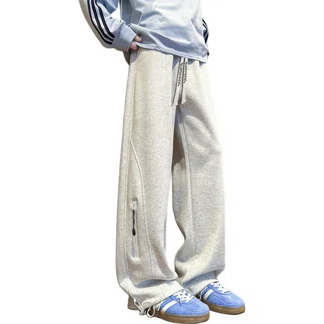 【华棉重磅直筒可束脚卫裤】布客行 显高显瘦港风设计感拉链抽绳系带松紧腰长裤子宽松大码美式复古高街百搭柔软显腿长休闲裤 男女同款