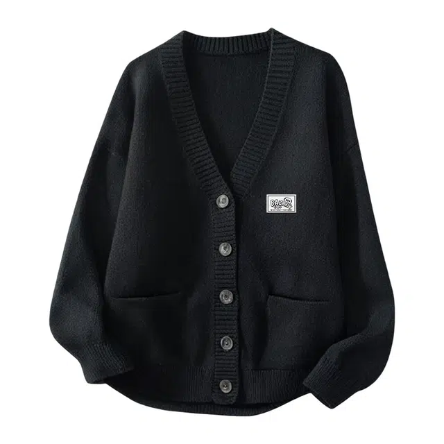 吾皇猫 美式复古高街简约基础款学院风长袖上衣慵懒风时尚贴布针织外套潮流潮牌百搭休闲开衫毛衣 男女同款