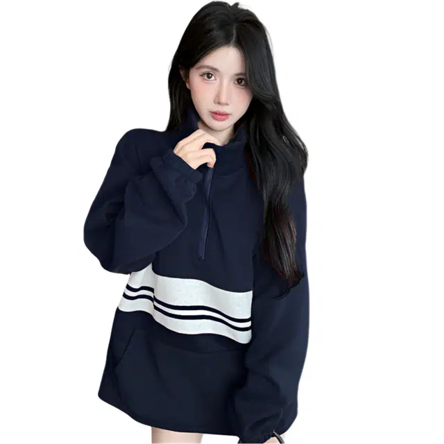 荟萃阁 条纹宽松适中立领长袖卫衣 女款