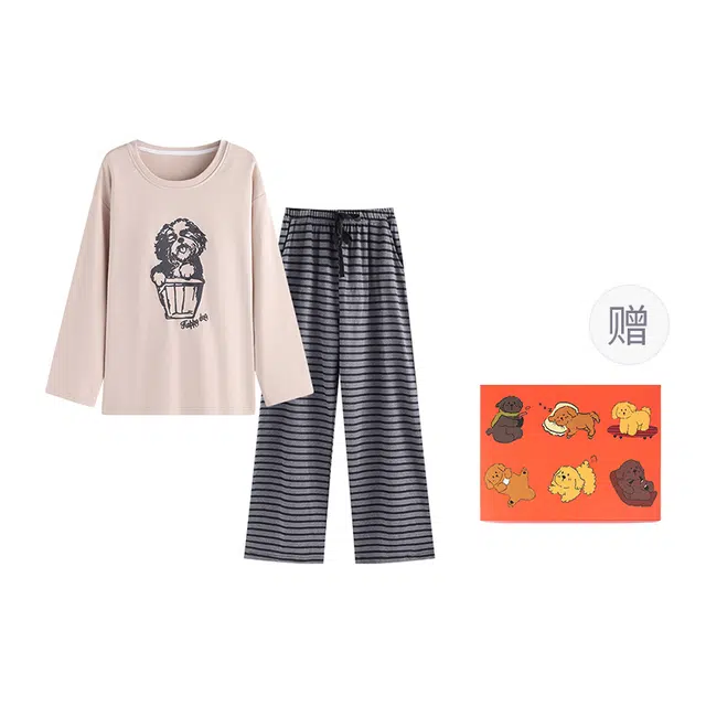 侘町 圆领狗狗条纹裤宽松柔软透气亲肤日常睡衣礼盒 女款