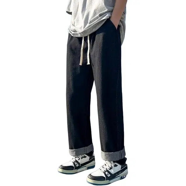 极限涡轮 美式高街阔腿港风垂感潮薄款休闲百搭牛仔裤 男女同款