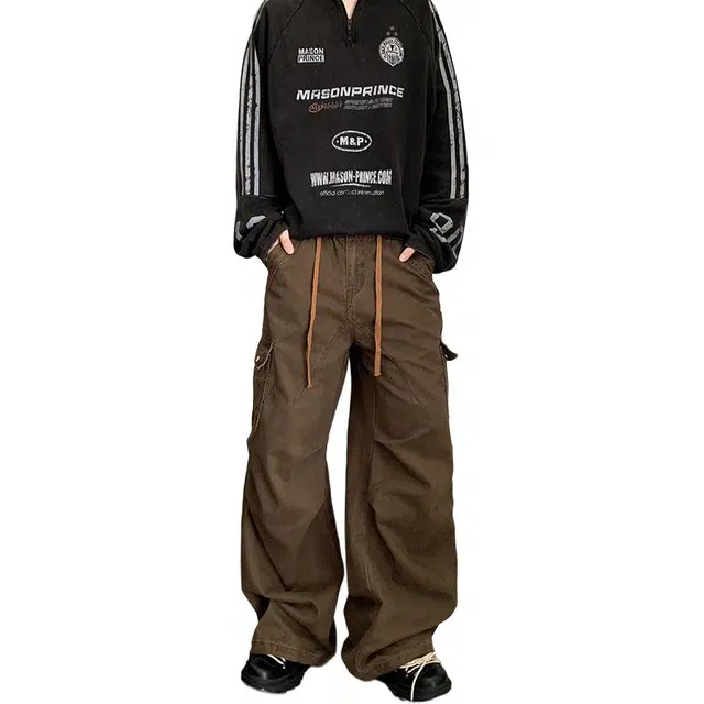 拓菲 潮牌街头抽绳牛仔宽松微喇阔腿高腰拖地长裤工装裤 男女同款