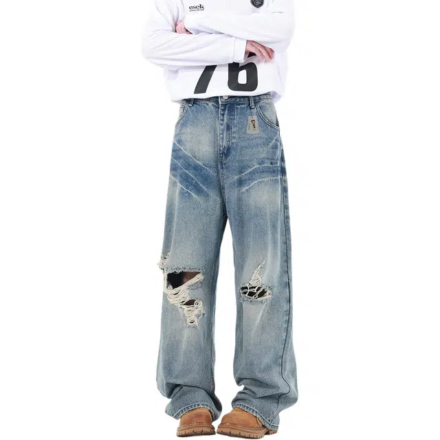 地界二 美式覆古水洗做旧刺绣宽松破洞夏季男直筒阔腿拖地裤潮覆古水洗做旧宽松潮流中腰牛仔裤 男款