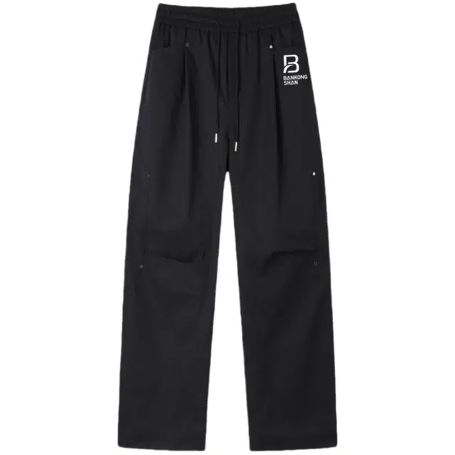 半空山 美式复古高街纯色解构拼接降落伞兵金属铆钉直筒休闲裤 男女同款