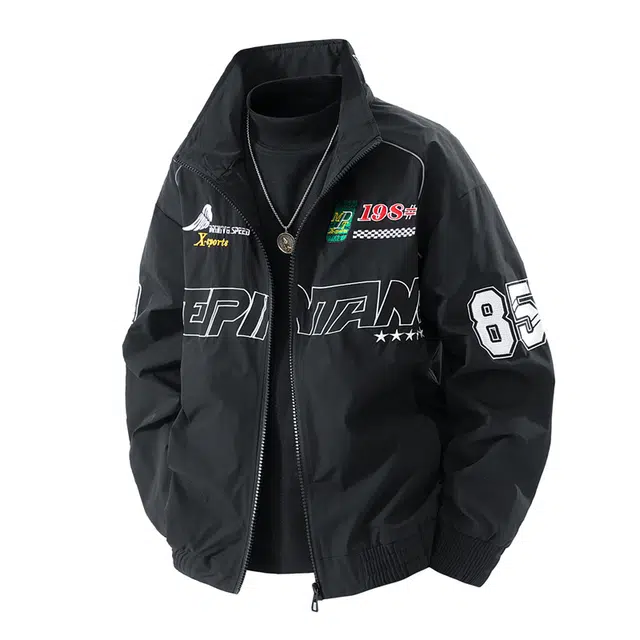 艾梵斯贝 美式复古工装潮流字母绣花小众设计款无性别潮酷高街风日常通勤百搭个性街头时尚赛车运动宽松休闲夹克 男女同款