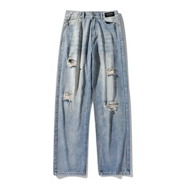 【猫须纹破洞】布客行 美式潮牌出纯色废土风磨破设计感通勤长裤子宽松大码阔腿显瘦显高港风高街小众百搭学院风牛仔裤 男女同款