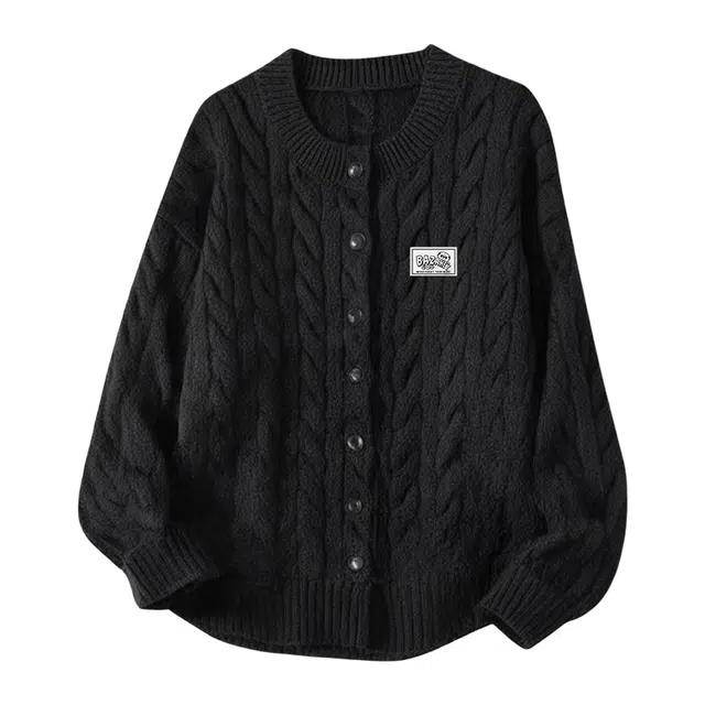 吾皇猫 学院风美式复古高街基础款长袖上衣慵懒风时尚贴布舒适透气针织外套潮流简约百搭休闲开衫毛衣 男女同款