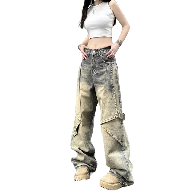 一碗士多 解构飘带黄泥染做旧不规则水洗微喇重工美式高街复古痞帅工装小众设计感直筒垂感拖地阔腿休闲百搭户外牛仔裤 男女同款