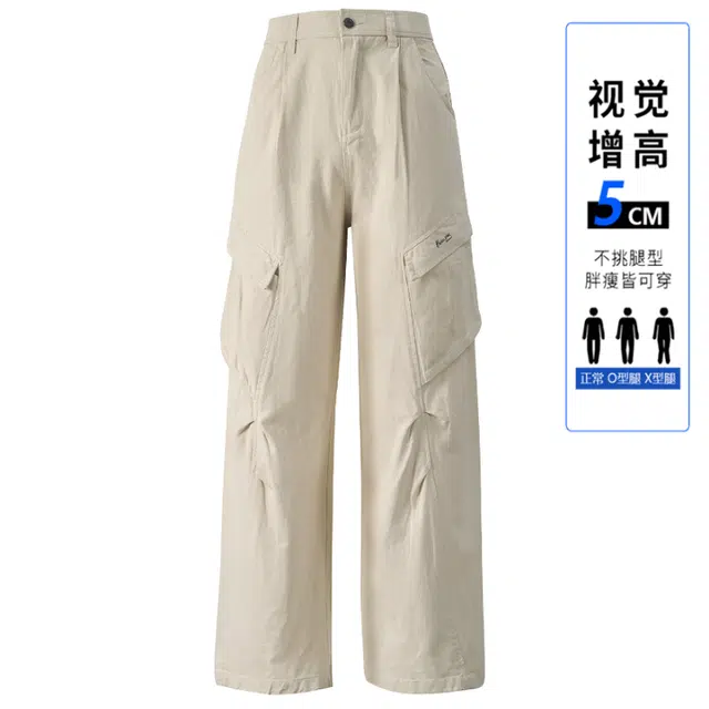 普鲁士多特蒙德 美式水洗夏季潮牌拼接褶皱大口袋城市机能户外登山裤直筒松紧腰宽松休闲运动舒适长裤子弯刀工装裤 男女同款