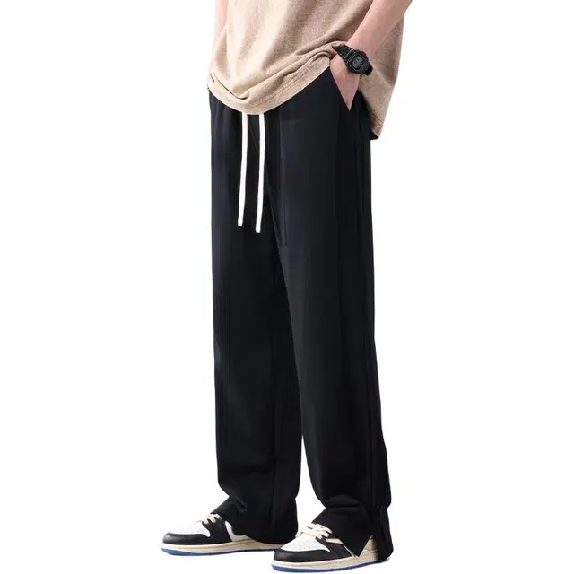 么宁 美式潮流垂感运动卫裤舒适透气宽松直筒裤简约百搭平脚脚开叉阔腿休闲裤 男女同款