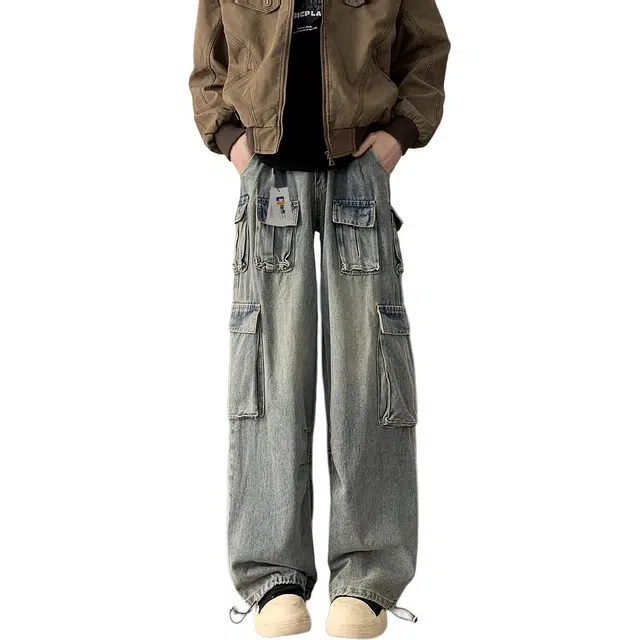 地界二 机能工装男春秋季潮牌美式水洗做旧裤子痞帅宽松阔腿长裤水洗做旧痞帅宽松潮流中腰长裤牛仔裤 男款