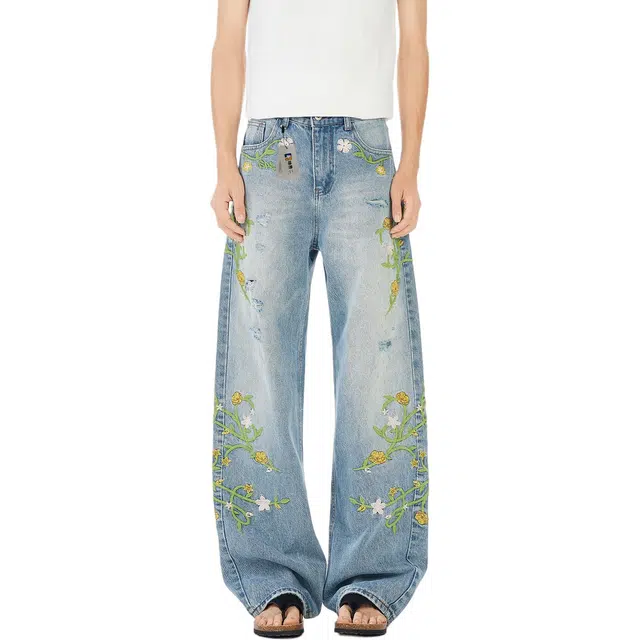 地界二 小众复古刺绣花朵男阔腿直筒小众设计感休闲百搭长裤刺绣花朵宽松阔腿潮流中低腰长裤牛仔裤 男款