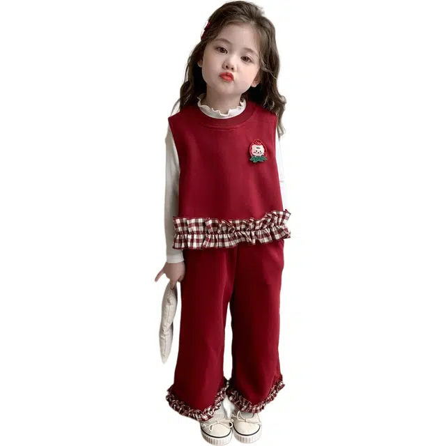 帕兰朵休闲运动套装 潮流洋气可爱风花边马甲三件套 青少年