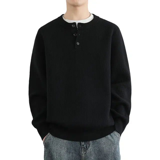 冈哉 纯色亨利领简约慵懒风打底宽松休闲潮流长袖上衣经典百搭通勤质感针织衫 男女同款