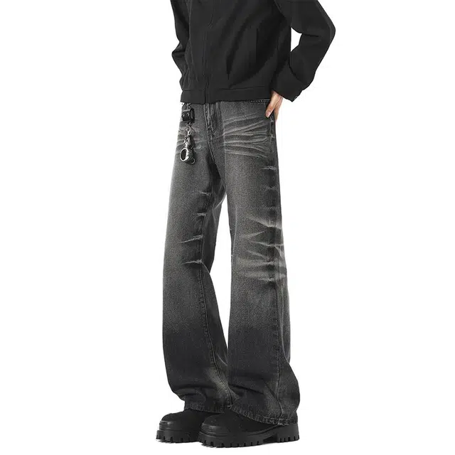 奇迹街区 美式复古水洗做旧渐变褶皱设计简约基础百搭港风日常高街小众个性休闲舒适宽松微喇显瘦直筒阔腿长裤牛仔裤 男女同款