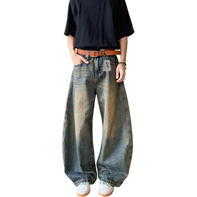 地界二 水洗做旧弯刀男夏季美式高街痞帅潮牌宽松直筒阔腿休闲长裤水洗做旧美式高街宽松潮流中低腰长裤牛仔裤 男款